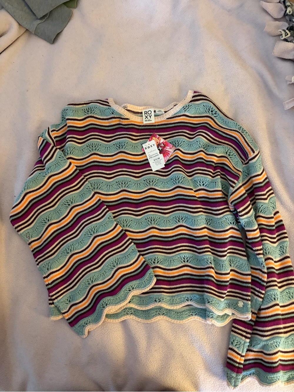 Roxy Striped Open-Knit Crew Sweater in Aqua, Purple, Yellow & Cream